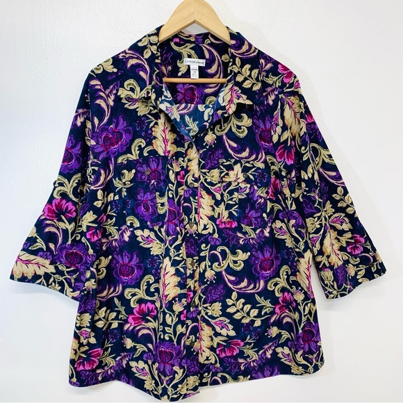 Croft Barrow Blouse Woman 2X Purple Floral Button Up Roll Tab Casual Office Work - Picture 1 of 9